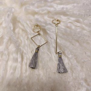 Asymmetrical Ear Clips with Grey Tassels